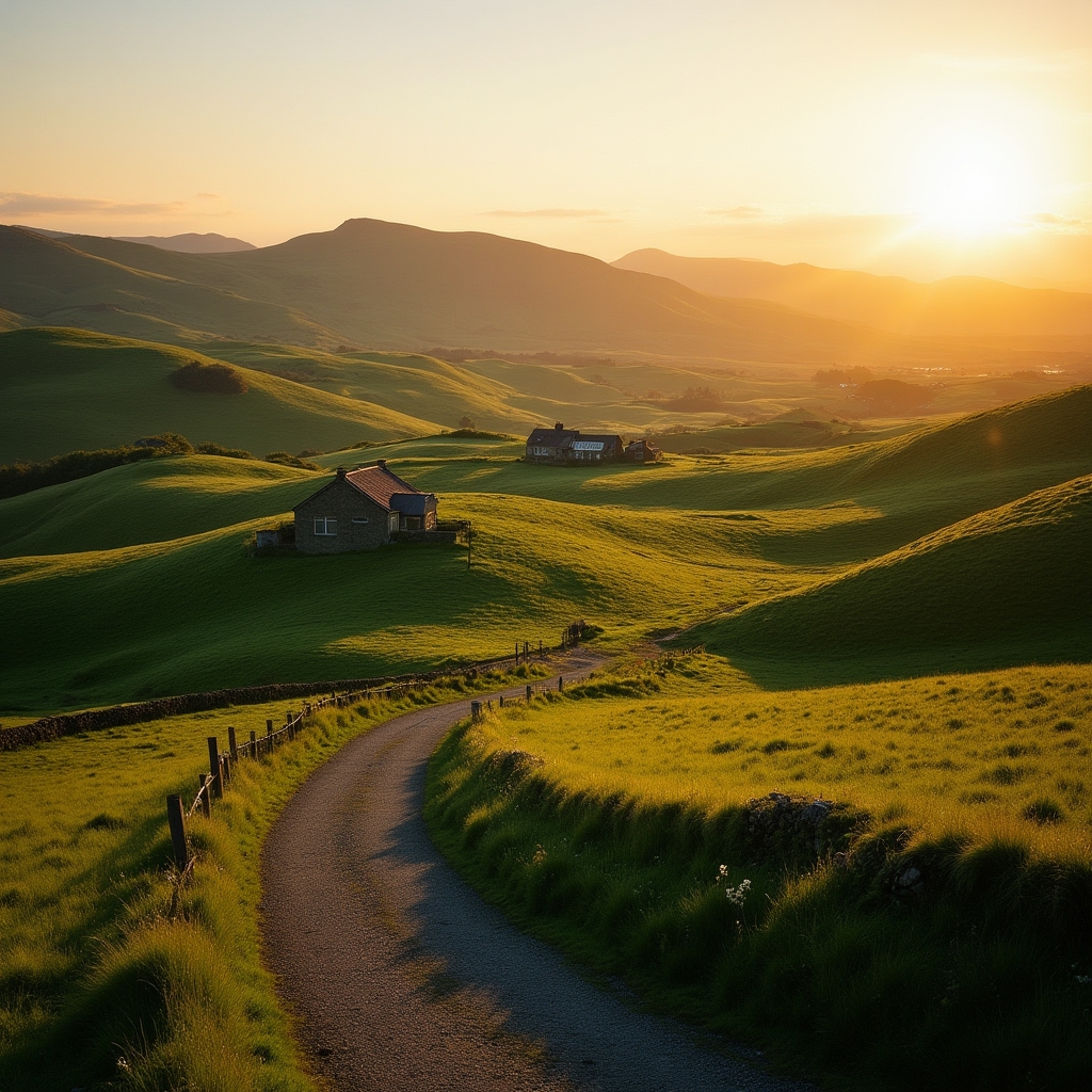 Scenic rural Irish landscape with traditional B&Bs