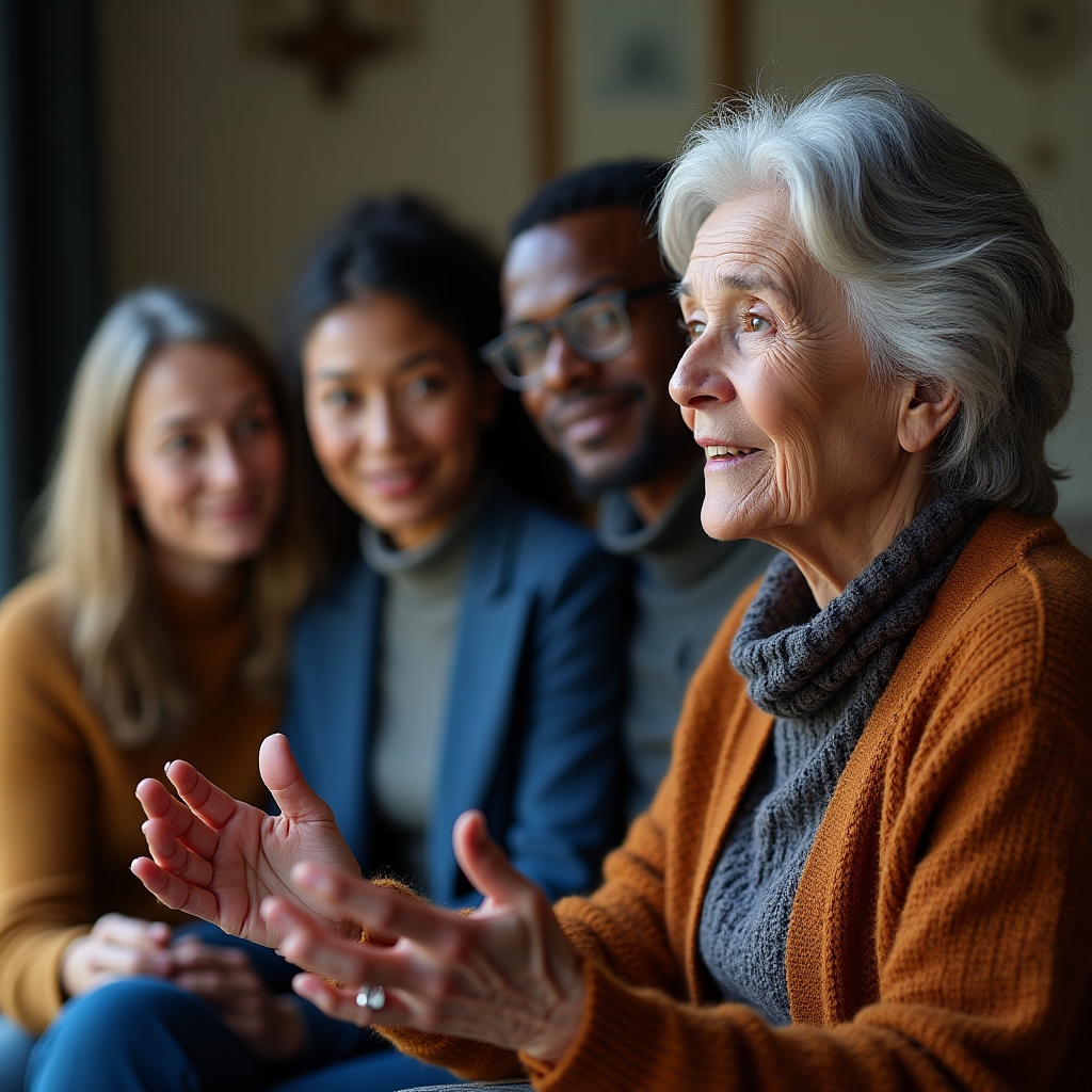 Elder sharing local folklore with attentive B&B owners