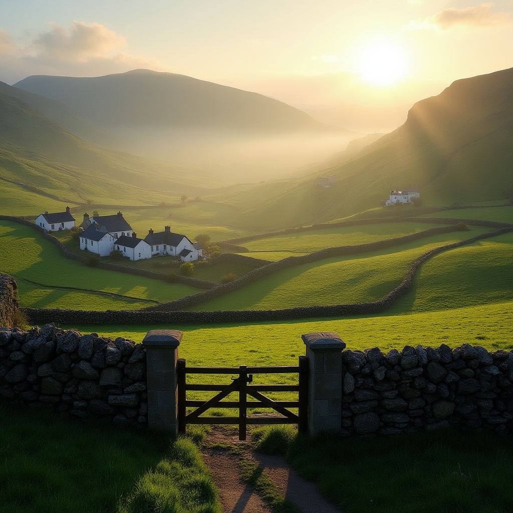 Scenic rural Irish landscape with traditional cottages