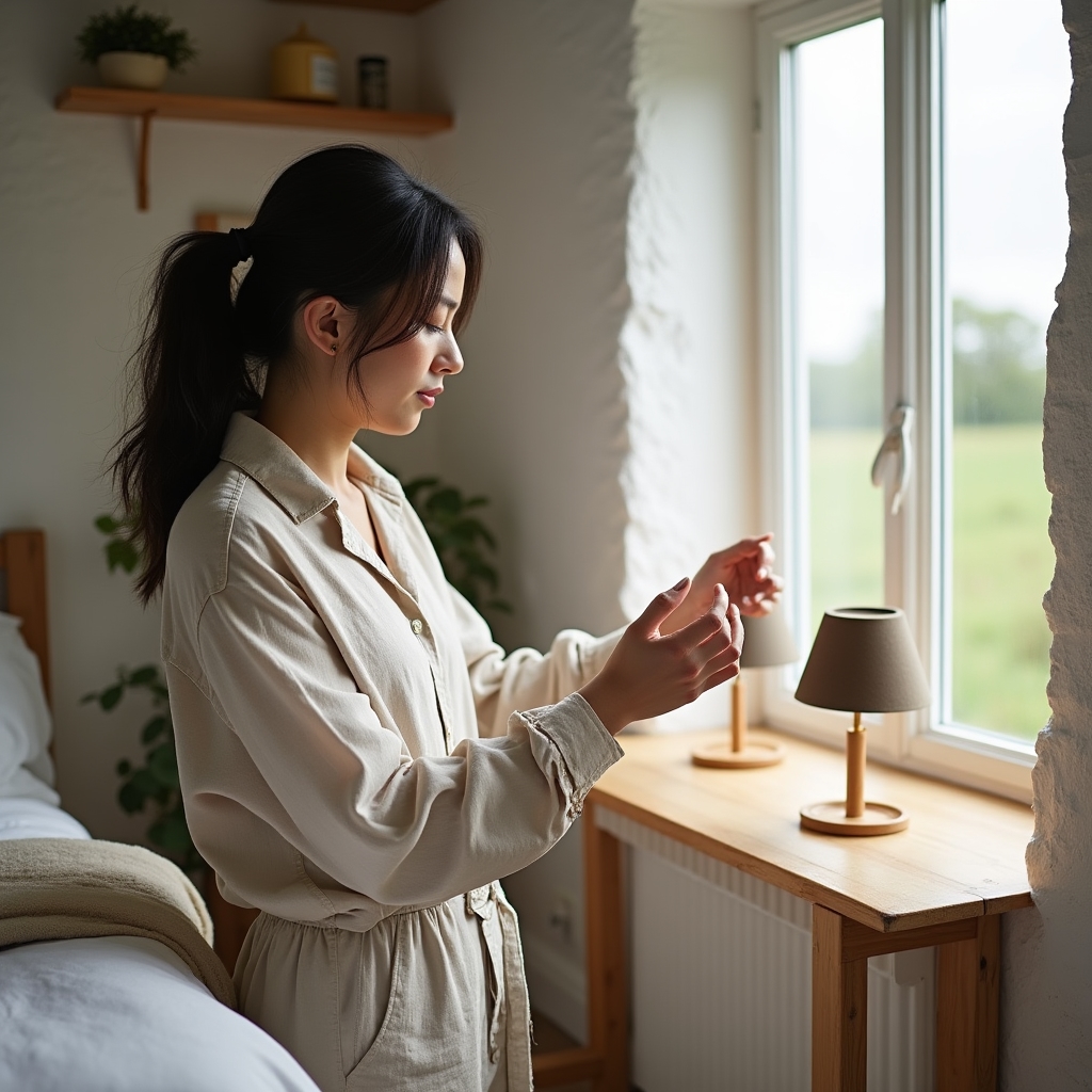 Eco-friendly B&B interior with sustainable materials and energy-efficient fixtures